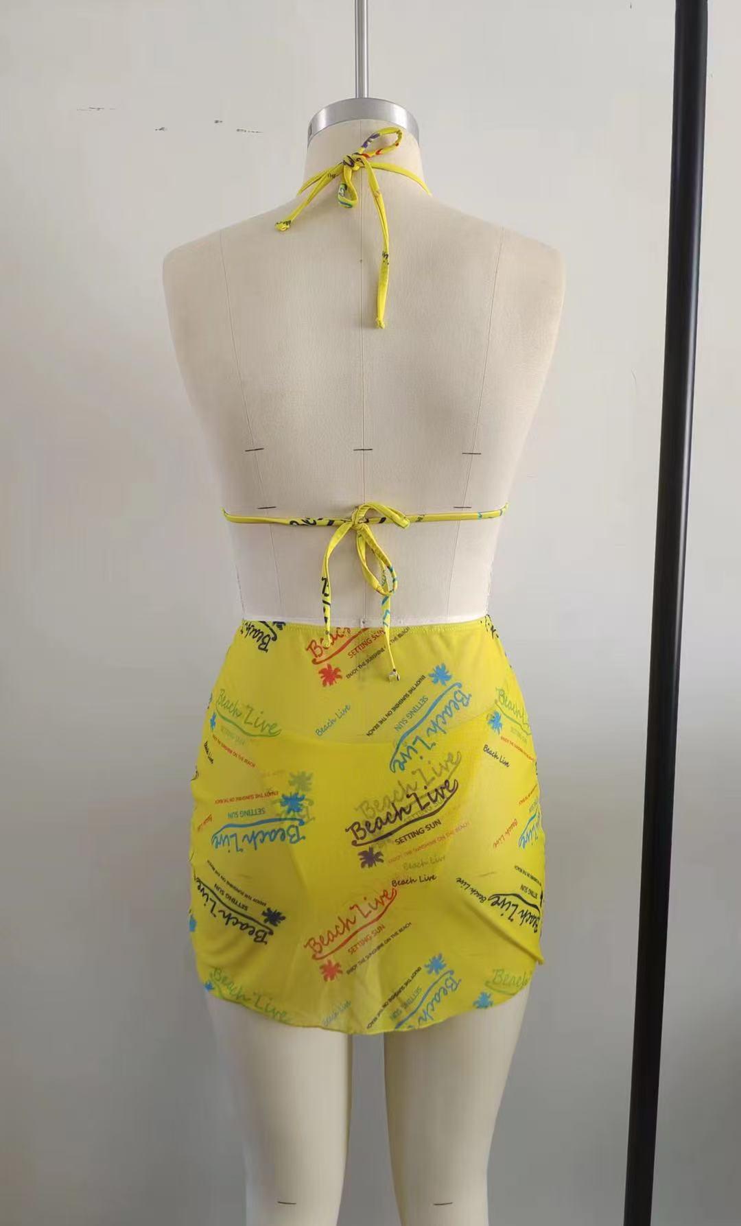Women's 3-piece swimsuit set - tropical style | yellow printed bikini, high waist to show figure, adjustable neck tie, quick drying fabric | suitable for summer beach vacations, pool parties | swimsuit
