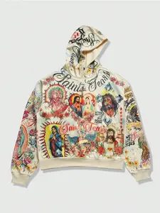 Street Vintage Graffiti Hoodie, Streetwear, Saint Tears Jesus & Virgin Mary Pattern Print, Loose-Fitting Fall Winter Sweatshirt, Pop Art Style