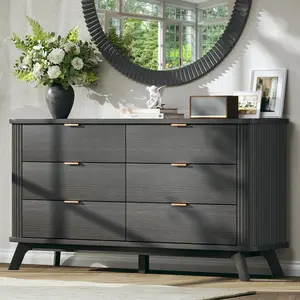 Fluted 6 Drawers Dresser for Bedroom, 55" Mid Century Modern & Chests of Drawers, Curved Profile Design, TV Stand, Wood Storage Dresser for Entryway, Hallway, Black