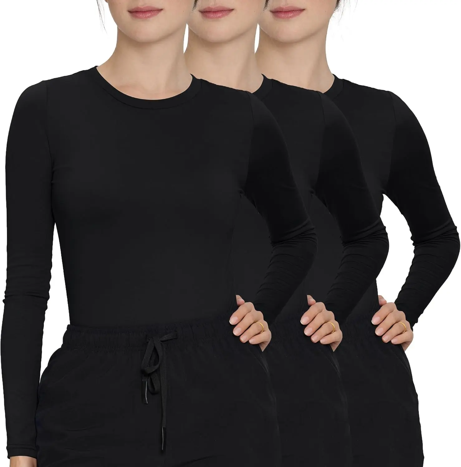 3 Pack Scrub Undershirts Long Sleeve Women, Comfortable Underscrub for Nurse High Crew Neck