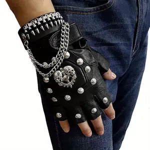 Punk Gothic Leather Pair Fingerless Biker Gloves With Skull studded For Men