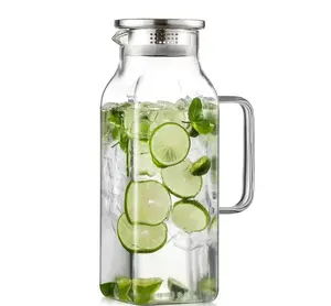 Pack/2 Pack 68oz Square Glass Pitcher with Lid And Handle for Fridge, Iced Tea And Coffee Carafe Beverage Serveware, Heat Resistant Borosilicate Water Jug for Hot/Cold Drinks And Milk, 304 Stainless Steel Lid