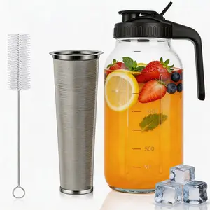 64 oz Cold Brew Coffee Pot - Mason Jar Pitcher with Stainless Steel Filter, Pour Spout, Handle Lid, Airtight Leak-Proof Glass Pitcher for Iced Coffee, Tea, Pots