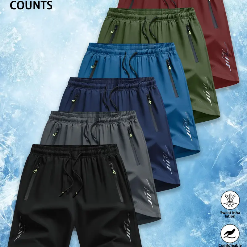 Men's 6-Count Premium Ice Silk Elastic Above-the-Knee Athletic Shorts - Quick-Dry, Loose-Fit, Drawstring Waist, Zip Pockets, Reflective Detail for Gym Use,sohochic