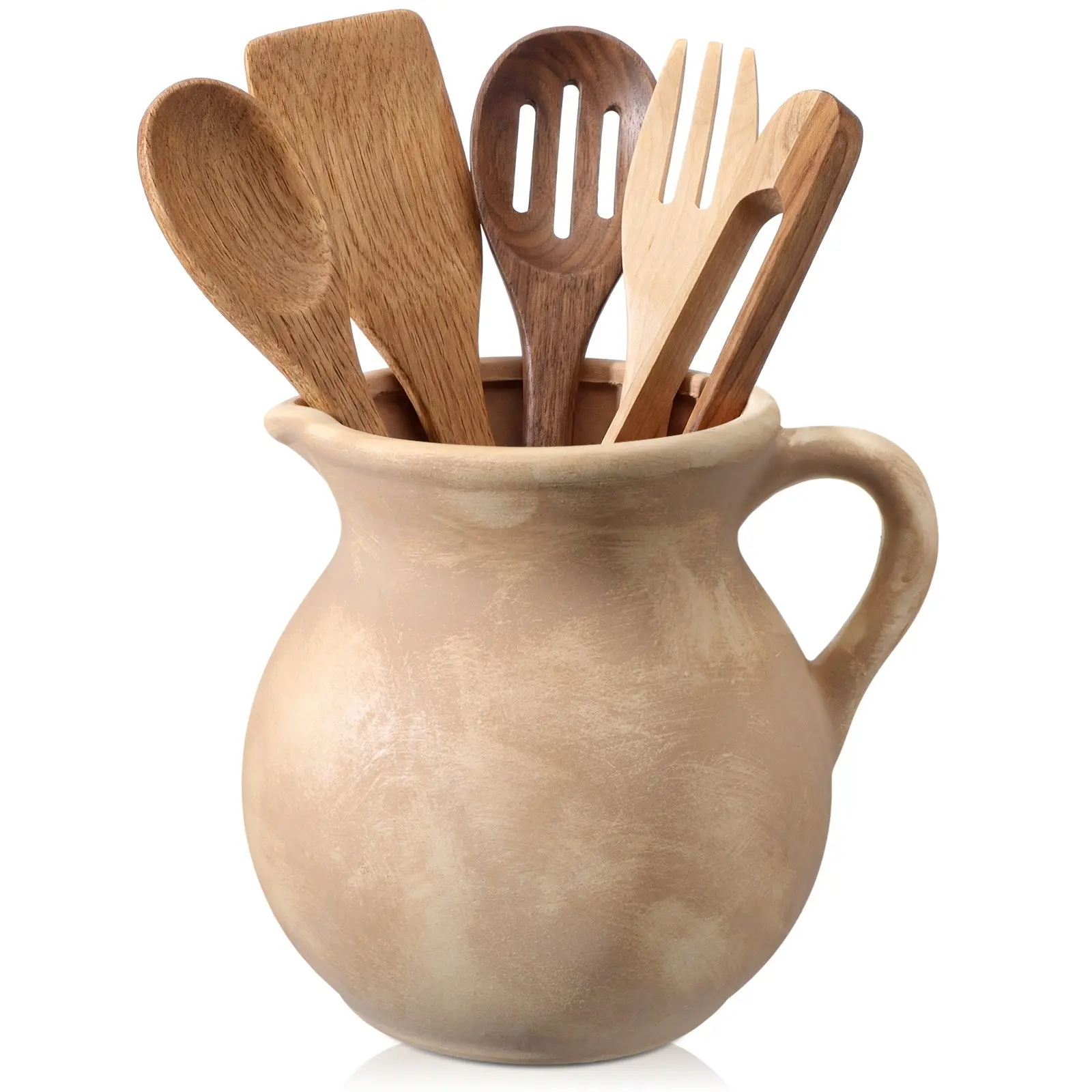 Rustic Ceramic Utensil Holder with Handle - Vintage Farmhouse Kitchen Crock Suitable for Countertop, Beige Utensil Pot for Spatulas, Spoons, Tongs, Spades - Ceramic Pot for Spatula Storage, Spoon Rest, Tongs Holder