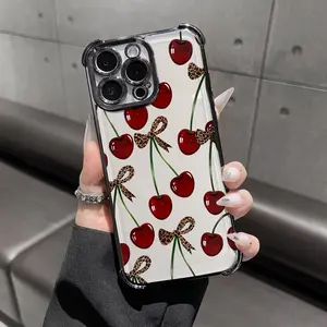 Cherry leopard print bow pattern four-corner shockproof transparent electroplated protective phone casefor iPhone 17 Air 16 Pro Max 15 14Plus 13 12 11 XR XS S26 S25 S24 S23,Simple and stylish camera Protection DurablePhone Case.HY65