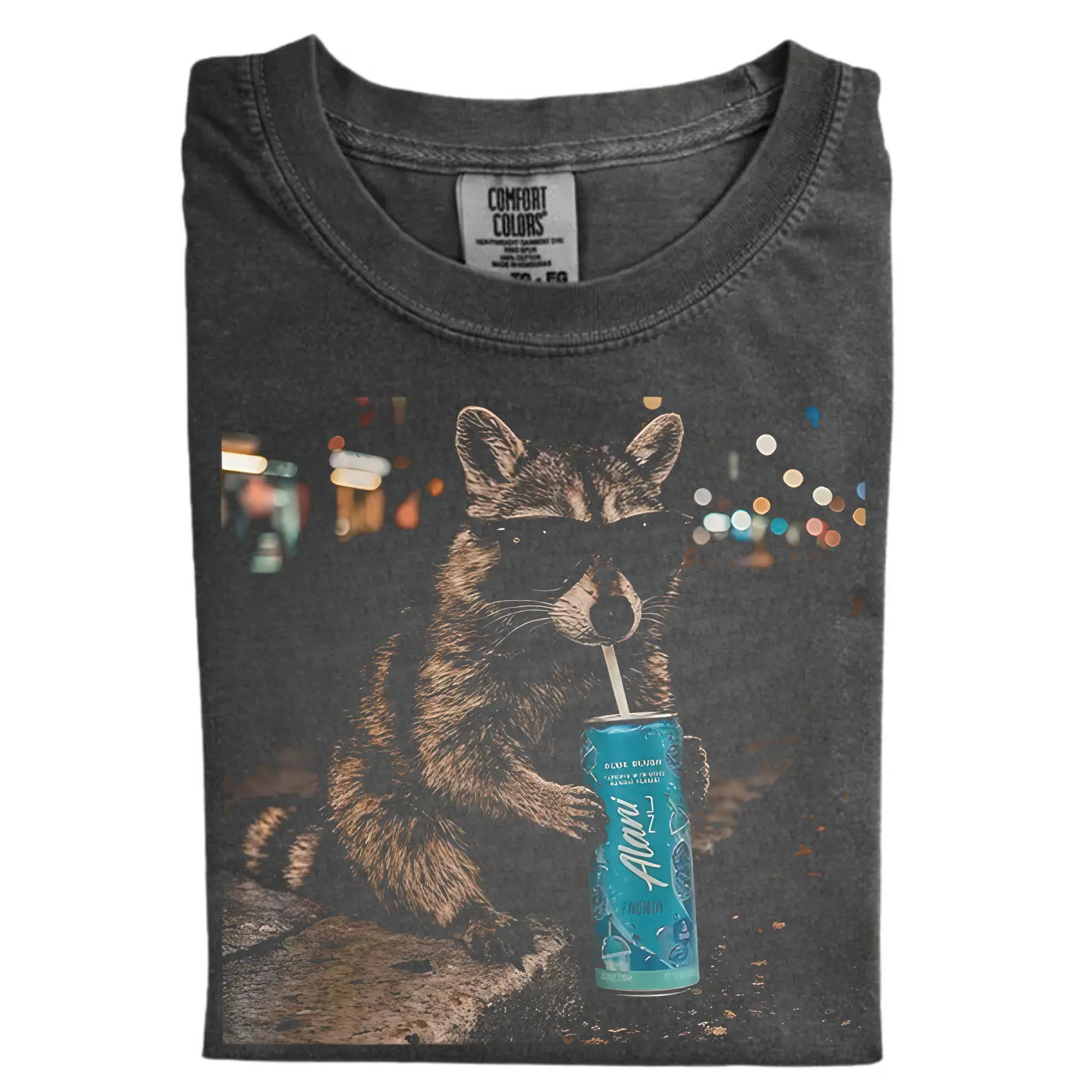 Vintage Raccoon Drinking Energy Graphic Tee, Cute Animal Character Shirt, Night City Lights Design T-Shirt, Graphic Tee, Gift for Men, Gift for Women