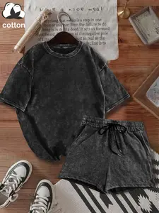 Vintage Wash Cotton Breathable Two-Piece Set - Casual Short Sleeve Tee & Drawstring Shorts Outfit, Black, Clothes