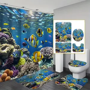 Fish Pattern Bathroom Accessories, 2/4 Counts/set Shower Curtain & Toilet U-shape Mat & Toilet Lid Cover & Bathroom Mat, Bathroom Decor Supplies