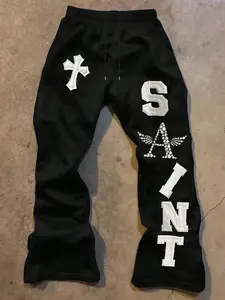 Men's Gothic Aesthetic Rhinestone SAINT Print Flare Sweatpants - Y2K Streetwear Cross Graphic Pants
