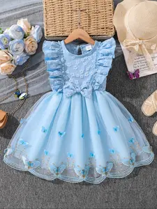 Girl's Butterfly Pattern Bow Decor Ruffle Dress, Cute Round Neck Dress for Summer, Kids Clothes for Daily Wear