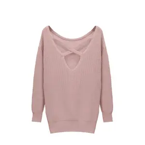 Women's Baby Pink Basic Criss Cross Backless Sweater Dress Loose Fit Mini Length Knitted Weave Jumper for Fall Winter Daily Wear Tops Knitwear with Scoop Neckline & Long Sleeve Design Casual Minimalist Style Womenswear Knitting Crewneck Fitted