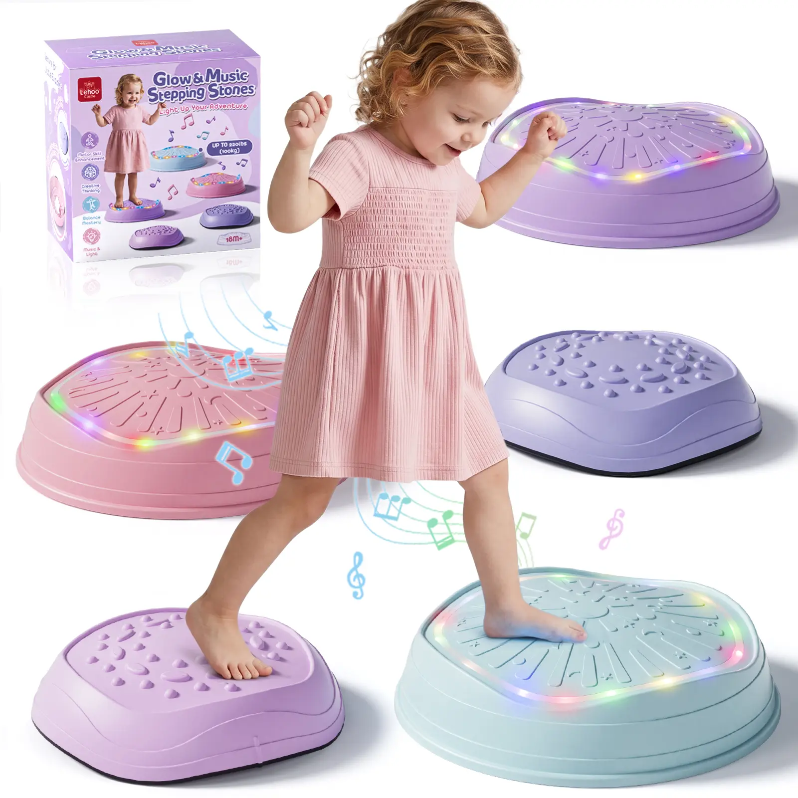 Lehoo Castle Stepping Stones for Kids, Light up & Music Non-Slip Stepping Stones, Sensory Toy for kids Balance & Coordination Skills, Indoor & Outdoor Toys