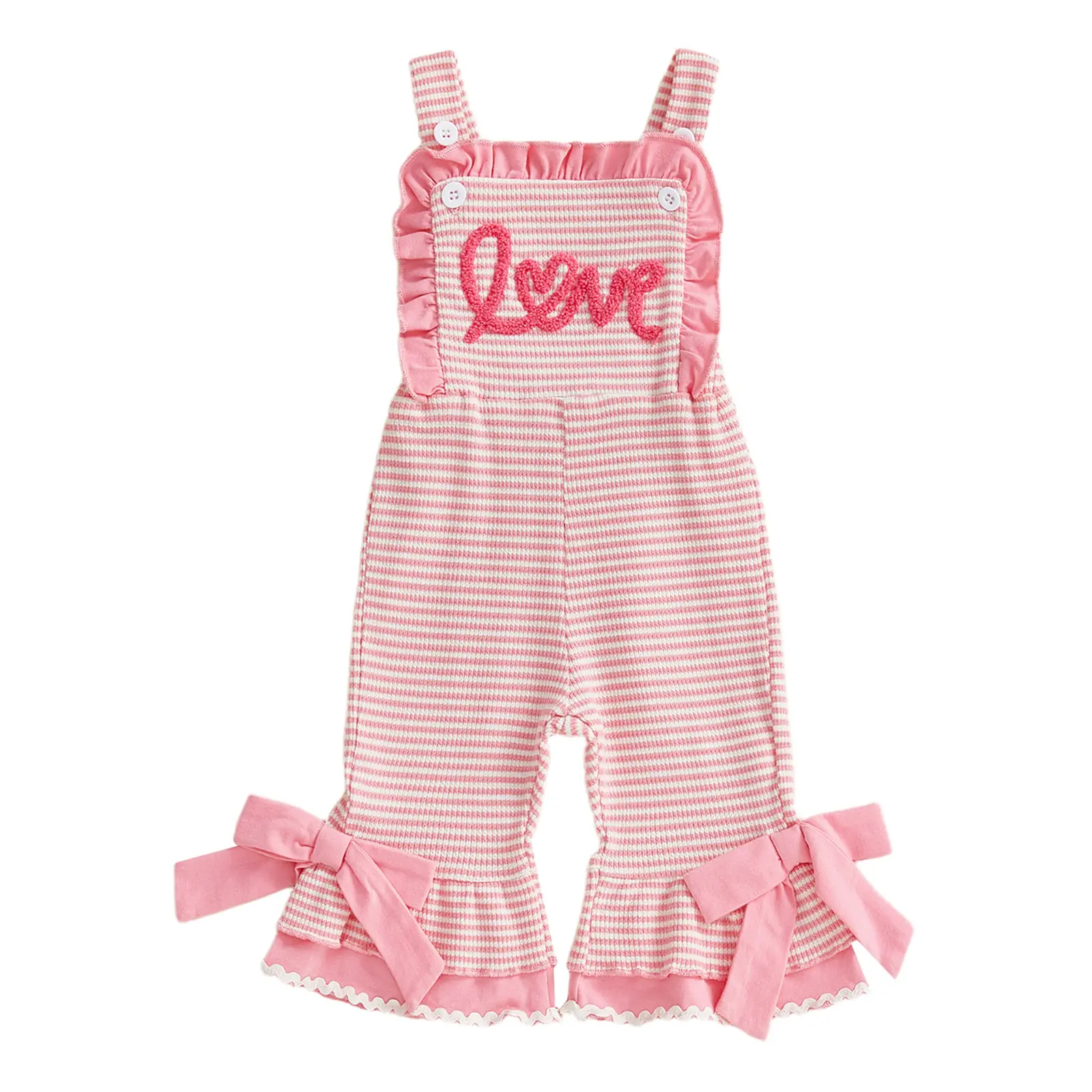 Sprifallbaby Toddler Baby Girl Valentine's Day Hearts Bell-Bottom Jumpsuit - Love Embroidery, Ruffle Details, Striped Print Cotton Blend Bodysuit Overalls, Baby Clothing