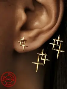 Women's S925 Silver Cross Earrings, Stud Earrings, Studs Earrings, Irregular Geometric Design, Cold-Weather Style, Creative Ear Jewelry for Daily Wear & Parties