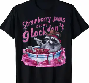 Shirts Men Playful Raccoon Cowboy T-ShirtWith Strawberry Jams And Toy Gun Fun.