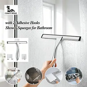 All-Purpose Stainless Steel Shower Squeegee for Shower Glass Door with 2 Adhesive Hooks, Bathroom Cleaner Tool Household Window Mirror Squeegee , Cleaning Tile Wall, Car, 10 Inch Silver Silicone Silicone Soap Smooth