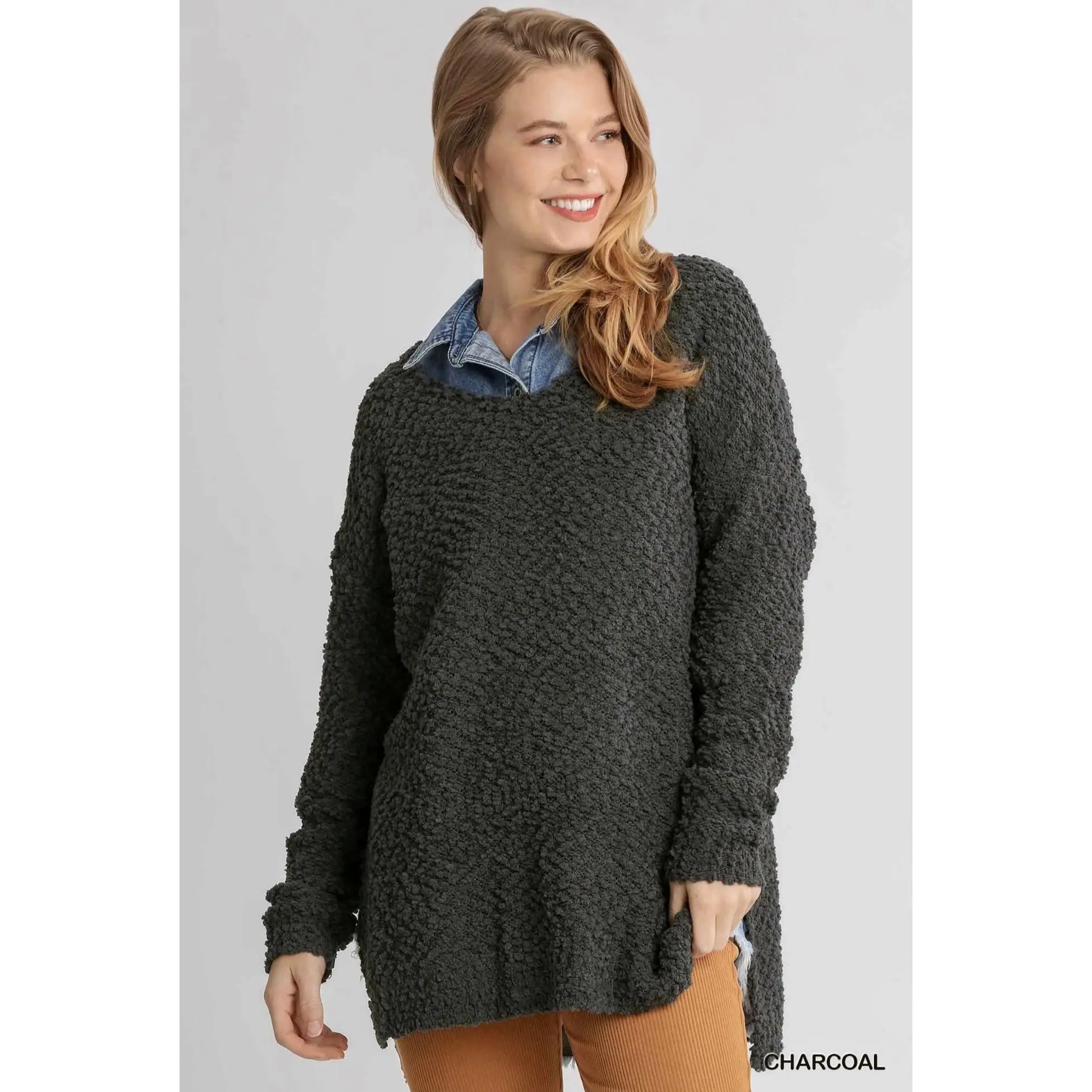 Long Sleeve V-Neck Soft Knit Pullover Sweater with Side Slits