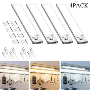 4 Pack Under Cabinet Lights, 3 Color Temps Motion Sensor Closet Lights Indoor, LED Rechargeable Wireless Under Counter Lights for Kitchen, Wardrobe, Pantry, Closet, Bathroom, Stairs, Cabinet & Garage, Nighttime Anti-fall Decorative Lamp, Gifts for Mom