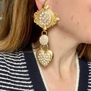 HUGE 4 Inch Brushed Gold Heart Shoulder Duster Earrings