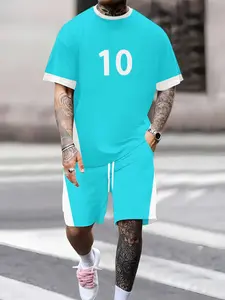 Men's Colorblock Patchwork 10 Number Print Round Neck T-Shirt + Drawstring Shorts Set, Summer Trendy Casual Two-Piece