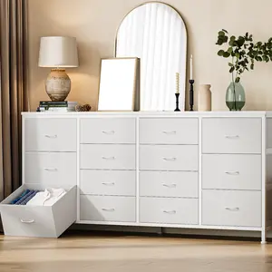 63 Inch Dresser TV Stand for 55 65 70 75 Inch TV, 14 Drawer Fabric Dresser with Power Outlets, Large Long Entertainment Center with Wood Top and Steel Frame, Storage Organizer for Bedroom Living Room Closet Hallway Entryway