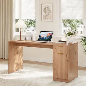 61" Executive Desk with Power Outlet & Drawer – Modern Fluted Home Office Desk for Work, Study & Gaming, Wooden Computer Writing Desk