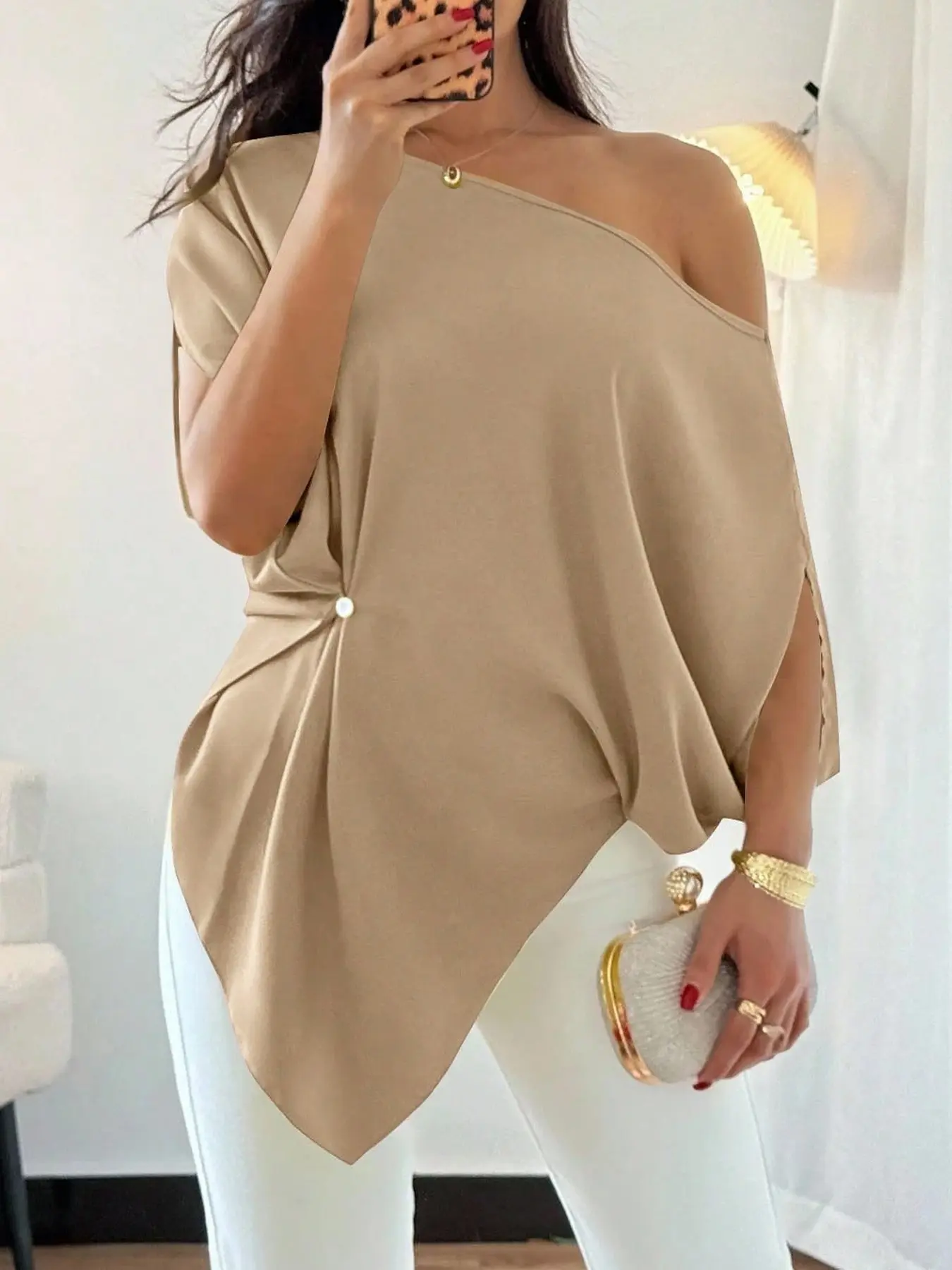 Women's Asymmetric-Hem Twist-Detail Top, Asymmetrical Neck Drop Dolman-Sleeve Loose Relaxed-Fit Casual Solid Woven Blouse Shirts, Style Womenswear, Ideal for Street Outings/Evening Gatherings