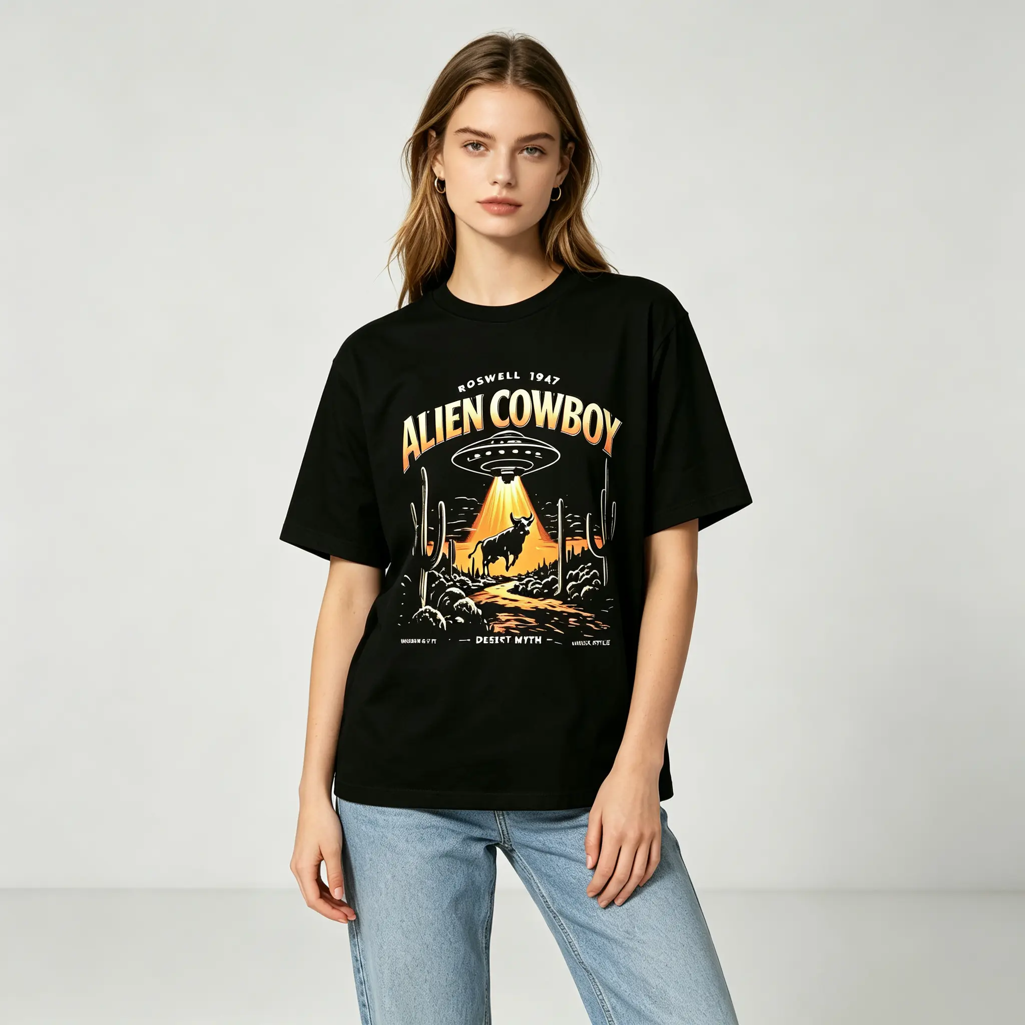 Unisex vintage alien cowboy Roswell desert ufo graphic t-shirt, relaxed fit couple matching tees, multi colors casual western retro short sleeve tops for men women