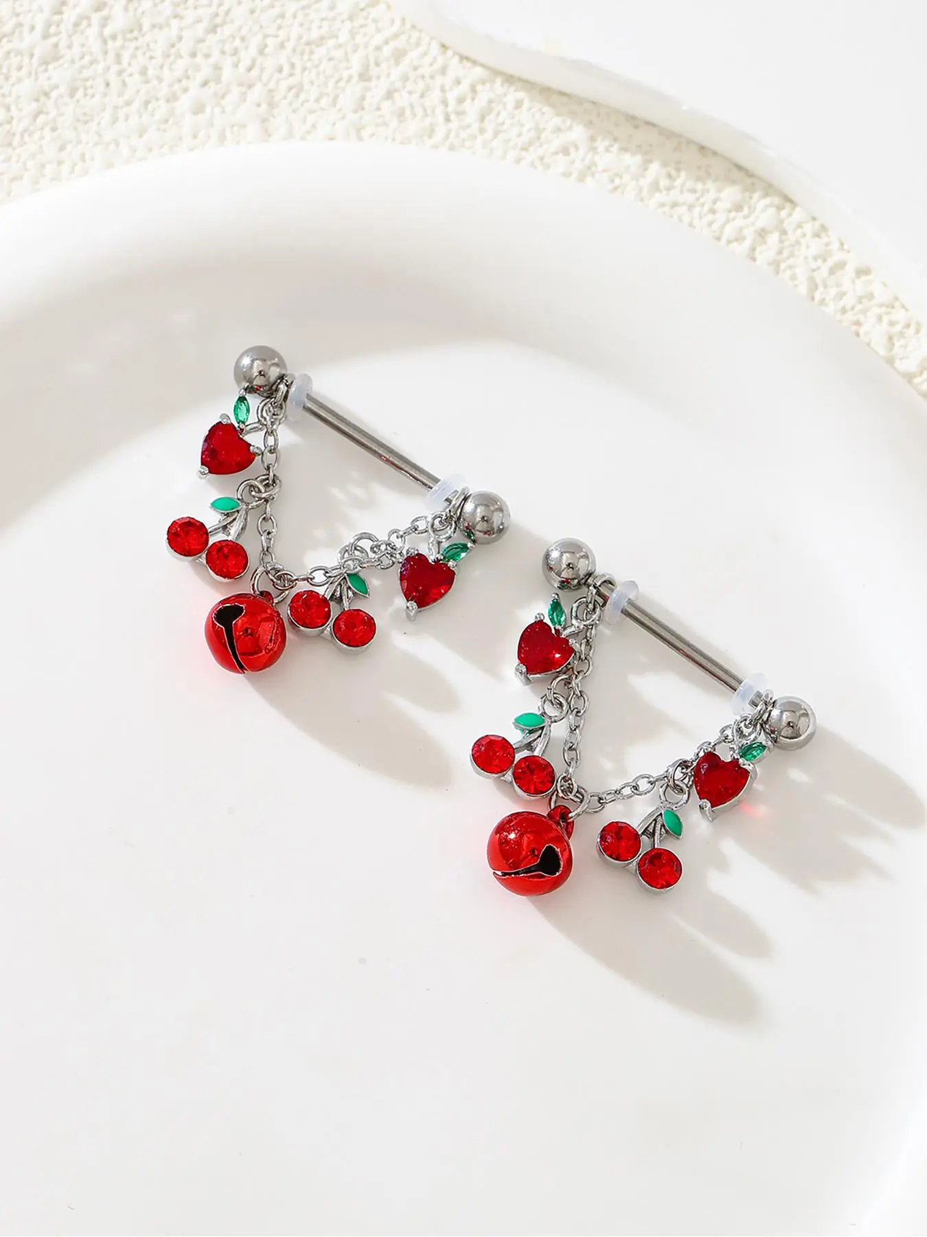Cute Rhinestone Artificial Zircon Cherry & Apple Design Nipple Piercing, Fashionable Body Jewelry for Women & Girls, Fashion Jewelry for Party, Daily Clothing Decor