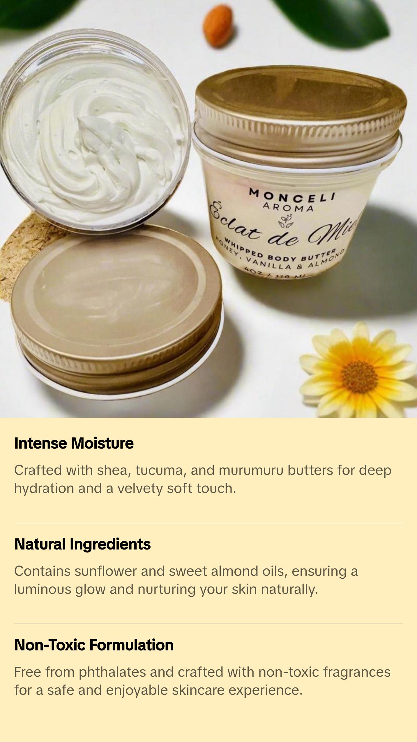 Monceli Aroma Whipped Body Butter - Honey, Vanilla & Almond - 4oz Monceli Aroma Whipped Body Butter - Honey, Vanilla & Almond - 4oz