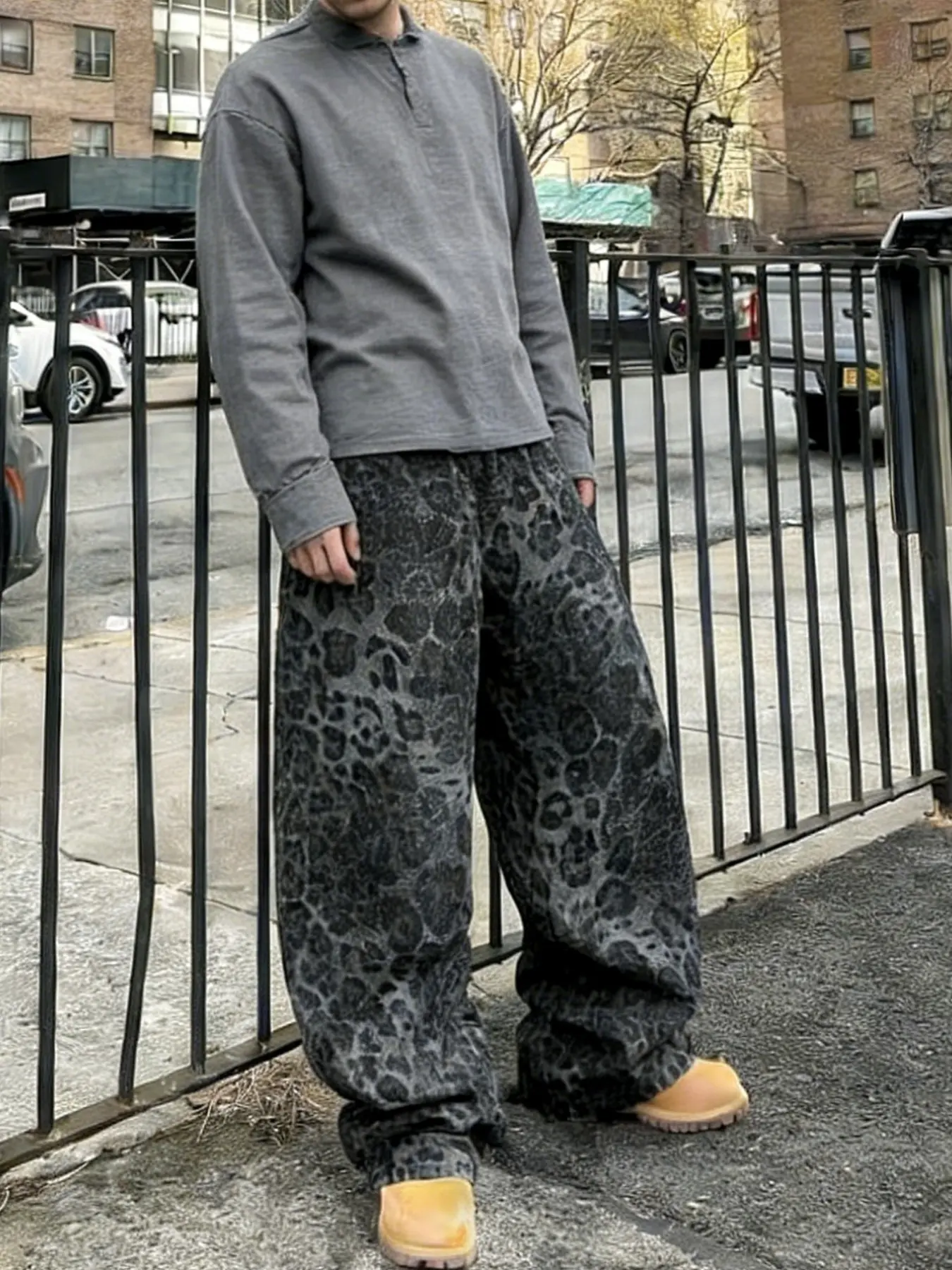Men's Leopard Print Jeans High Street Vintage Fashion Casual Straight Leg Loose Fit Wide Leg Pants, All Seasons