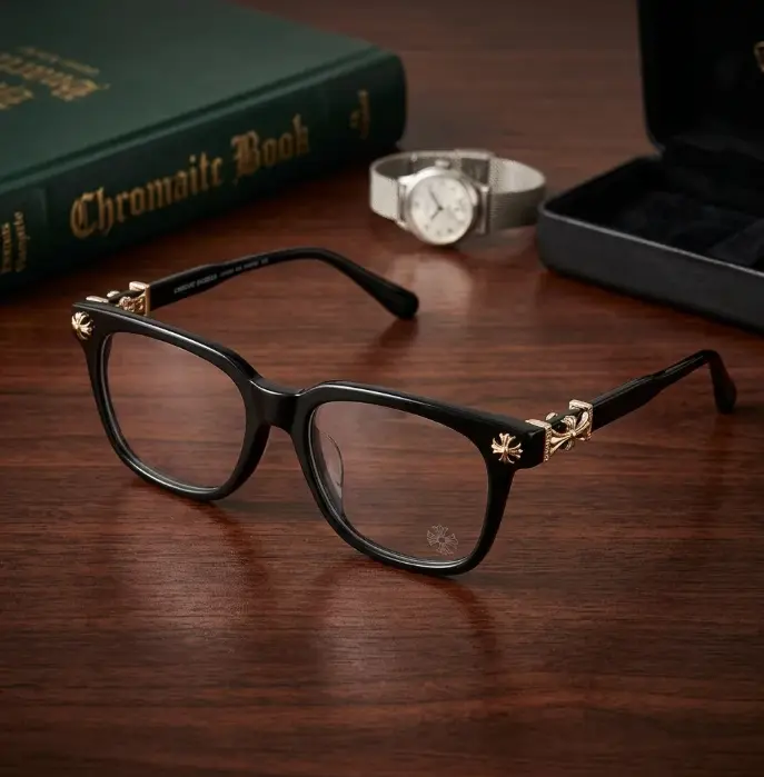 Chrome Hearts Designer Square Glasses Black Optical Frames with Gold Cross Temples