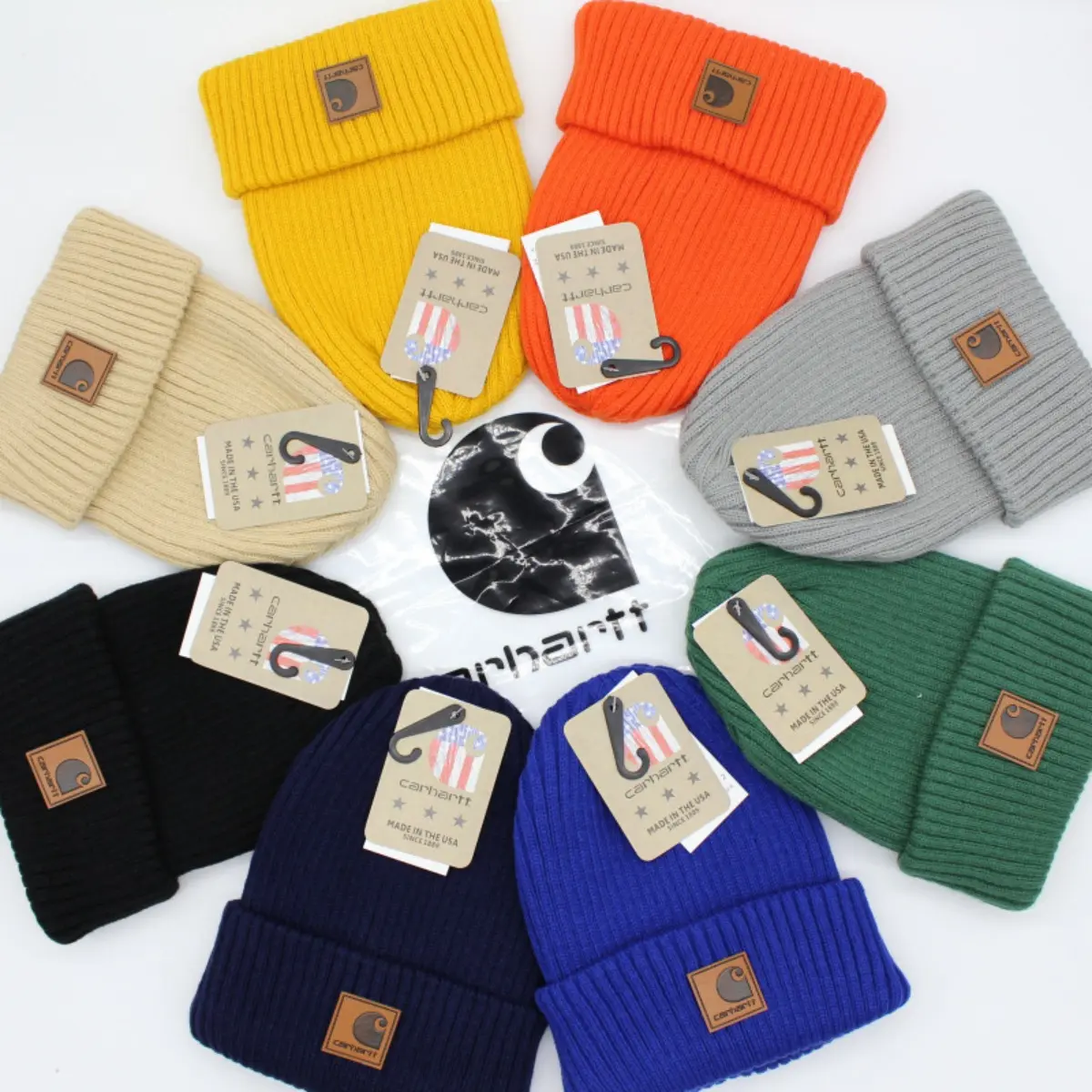 Carhartt Unisex Winter Knit Hat with Leather Logo Patch Multi‑Solid Colors