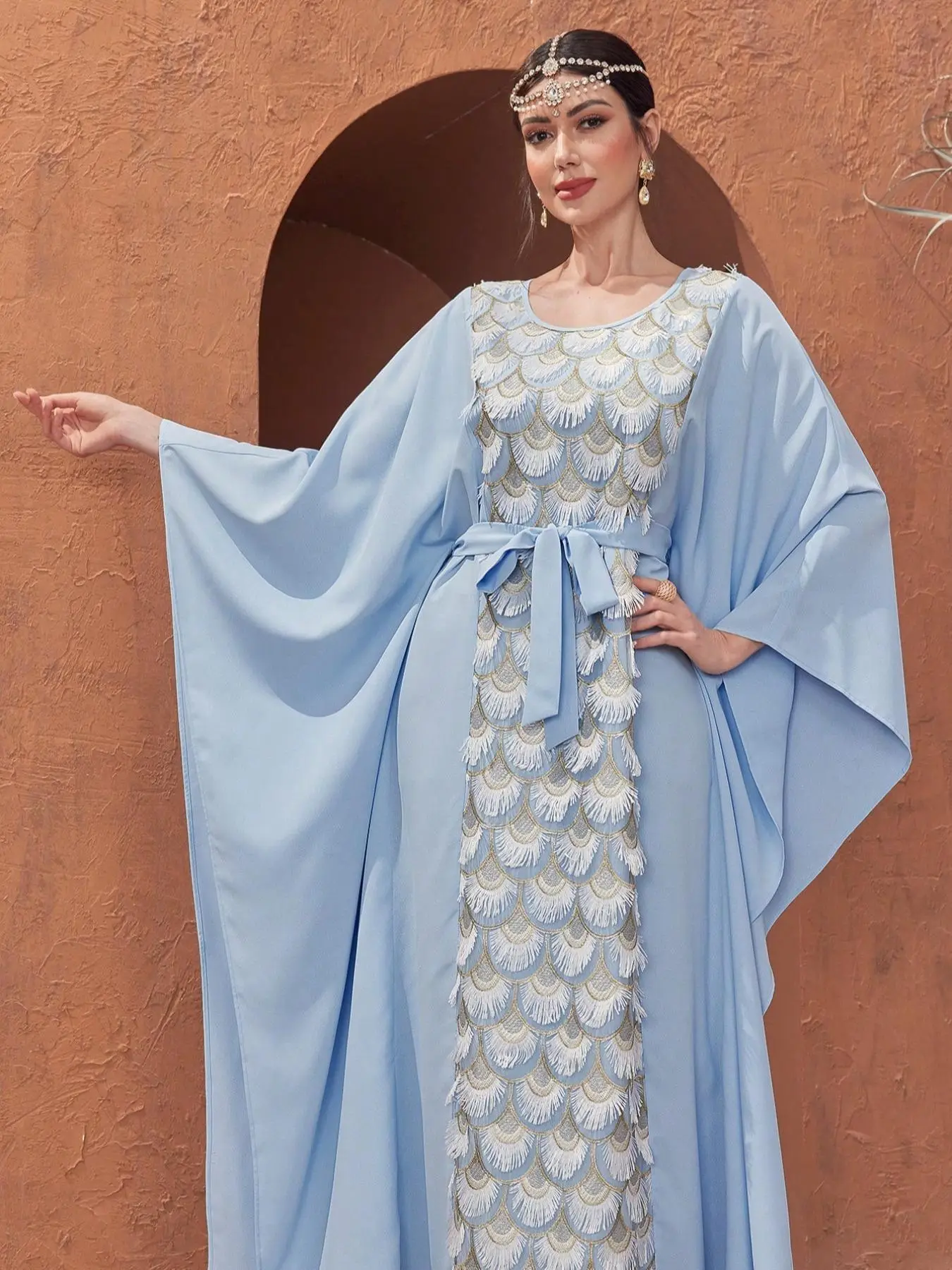 Women's Patchwork Print Long Sleeve Abaya, Modest Round Neck Maxi Muslim Dress, Women's Islamic Clothing for All Seasons