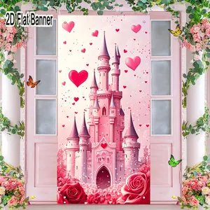 2D flat banner, 1pcWhimsical Pink Castle Fairytale Backdrop with Purple Spires & Heart Window, Pink Roses & Floating Hearts for Valentine’s Day Decorgalentines party decor, valentine day decor, decorations for valentines day