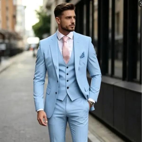 Men's 2026 Blush Pink Cotton Slim-Fit 3-Piece Formal Suit - Button-Front Plain Long-Sleeve Jacket, Vest, Pants, Retro High-Street Style, Customizable Sizes, Groom Formal Wear Wedding Wear Business Attire