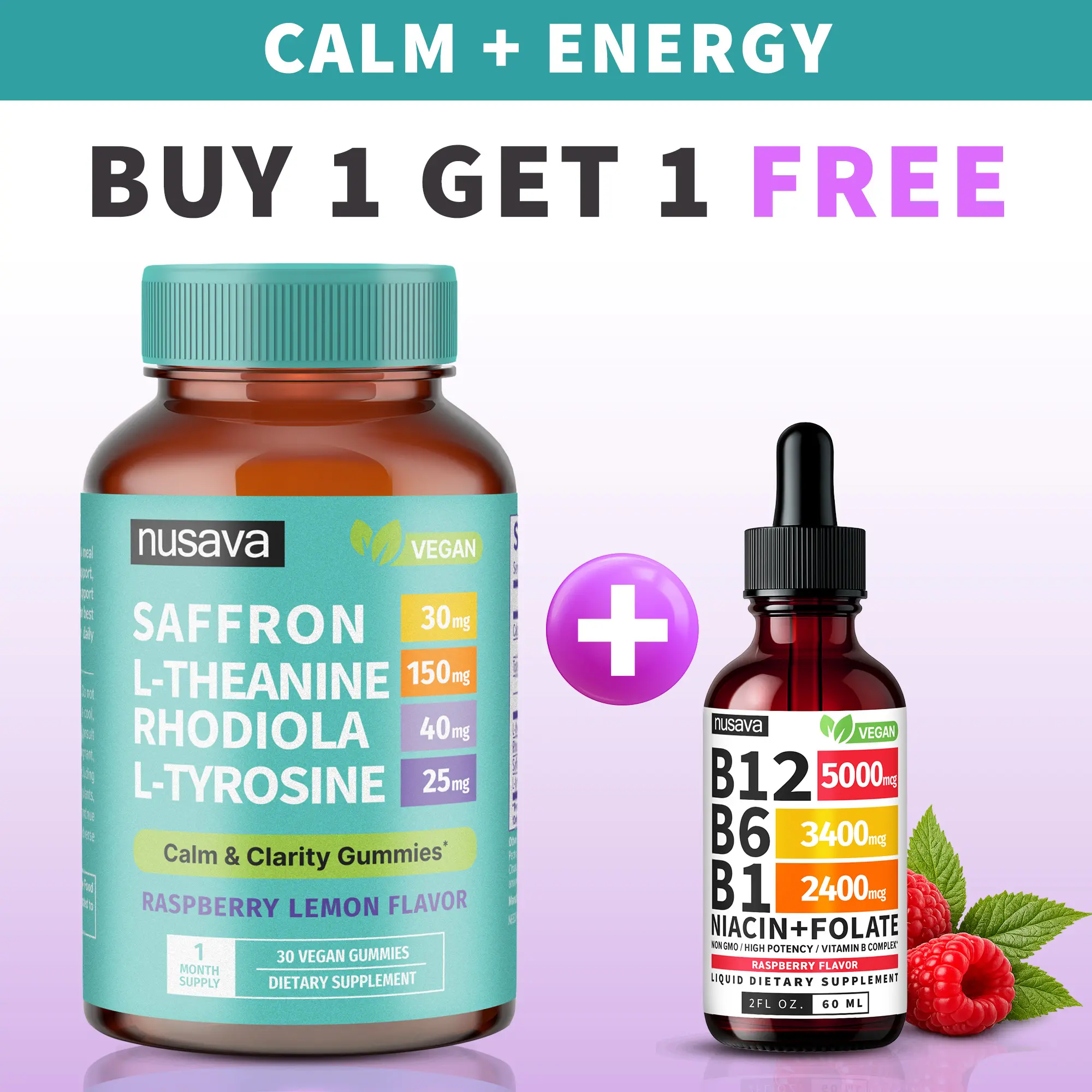 (2-PACK) NUSAVA Calm Energy Stack | Saffron Gummies + B12 Liquid Drops | Daily Mood, Focus & Sustained Energy Support | Saffron Extract, L-Theanine, Rhodiola + B12, B6, Folate | Vegan | Caffeine-Free | 2-Product Bundle