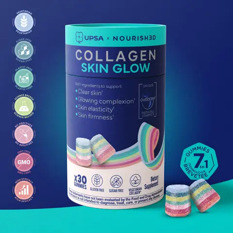 UPSA Skin Glow Collagen Gummies - Structuring Peptides - Clear, Glowing & Firm Skin, Acne & Oil Control, Helps Brighten from Within | Clinically Proven | Vegetarian Collagen with Ovoderm | Patented 7-Layer Technology | Sugar-Free, GMO-Free, Beauty