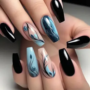 Bamboo Leaves Pattern Fake Nails with Nail File & Tape, 30pcs Removable False Nails for Women Girls Nail Art Design, Effortless Press on Nails Manicure Set Nail Kit
