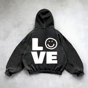 LOVE Smiley Face Oversized Hoodie Unisex Goth Streetwear Washed Black Vintage Sweatshirt Y2K Graphic Casual Rock Style with Drawstring & Pocket