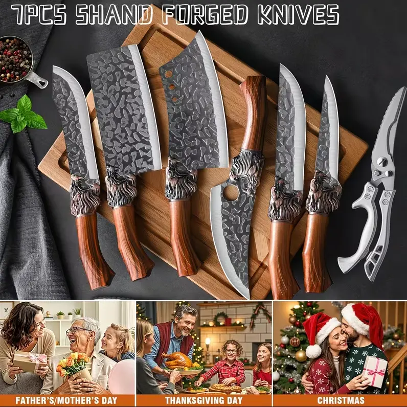 7-piece set of hand-forged knife set, professional kitchen knife set, high-hardness stainless steel knife, chef knife, fish knife, butcher knife, kitchen scissors, ultra-sharp bone scissors, boneless duck fish scissors, as a gift for parents.