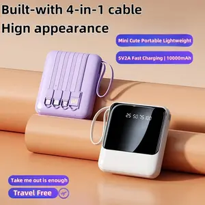 10000mAh Mini Cute Pocket Size 5V2A Fast Charging Mobile Power Bank, Small Size Large Capacity Selfie Light USB Type-C Port Portable charger, Smartphone Accessories built-in cables travel battery pack, for iPhone X XS XR 7 8 12 13 14 15 16 Pro MAX
