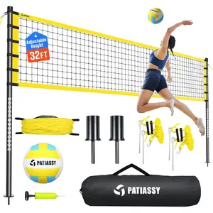 Outdoor Volleyball Net Set for Backyard & Beach, 32FT Regulation Size, Easy Setup Adjustable Height Poles, Portable Net System with PU Volleyball, Pump & Carry Bag