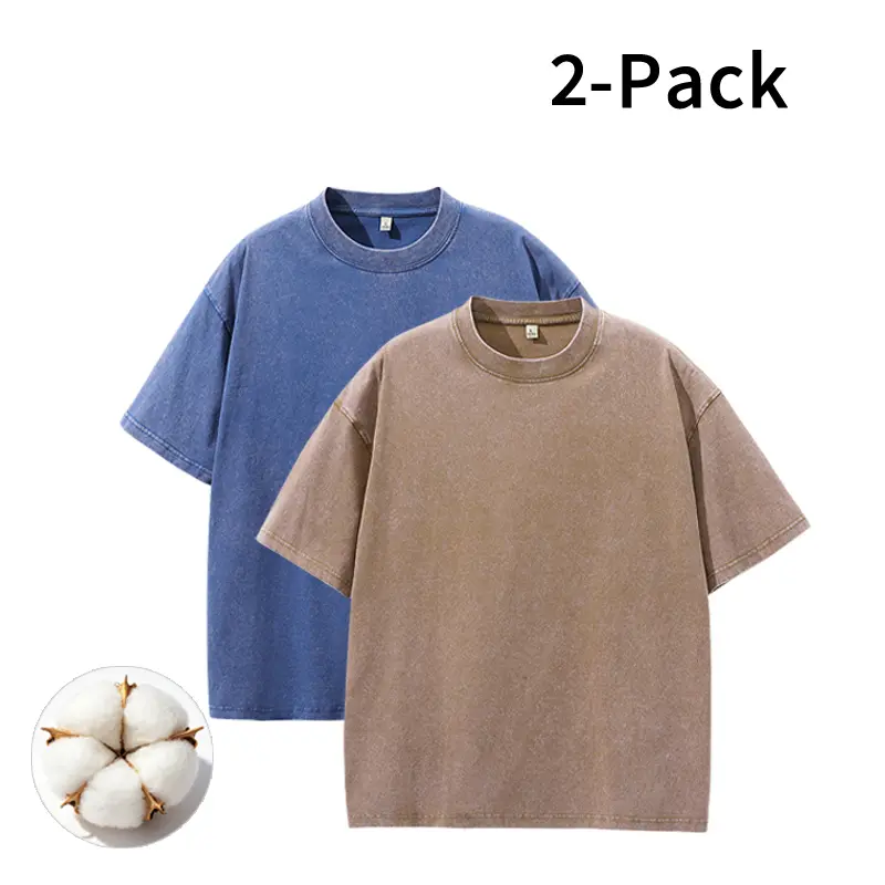 Men's T-Shirts 2-Pack, Menswear Men’s Clothes Vintage Washed Cotton Crew Neck Short Sleeve Top, Loose Fit Casual Streetwear, Round Neck Shortsleeve