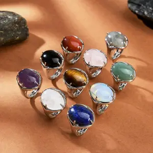 1pc Natural Crystal Stone Oval Shaped High Polished Open Ring, Suitable for Both Men and Women, Unique Fashion Accessory
