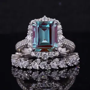 3Ct Alexandrite Engagement Ring Halo Emerald Cut Alexandrite Engagement Ring, 9x7mm Radiant Cut Alexandrite Engagement Ring with Eternity Band