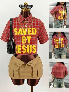 Women's Short Sleeve Fitted Cropped Shirt, Vintage Y2K Style, Fashion, Aesthetic, Classic Plaid, American Streetwear, Workwear, Casual All Seasons, Womenswear, Tops