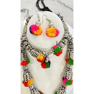 Banjara Necklace & Earrings Set – Pom-Pom Floral Beads | Navratri
