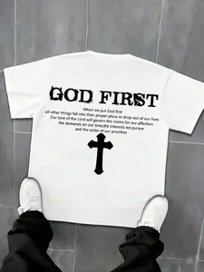 'god First' Faith Loose Short T-Shirt, Calligraphy Font + Cross + Motivational Scripture, Casual Daily Wear, City Street Essential